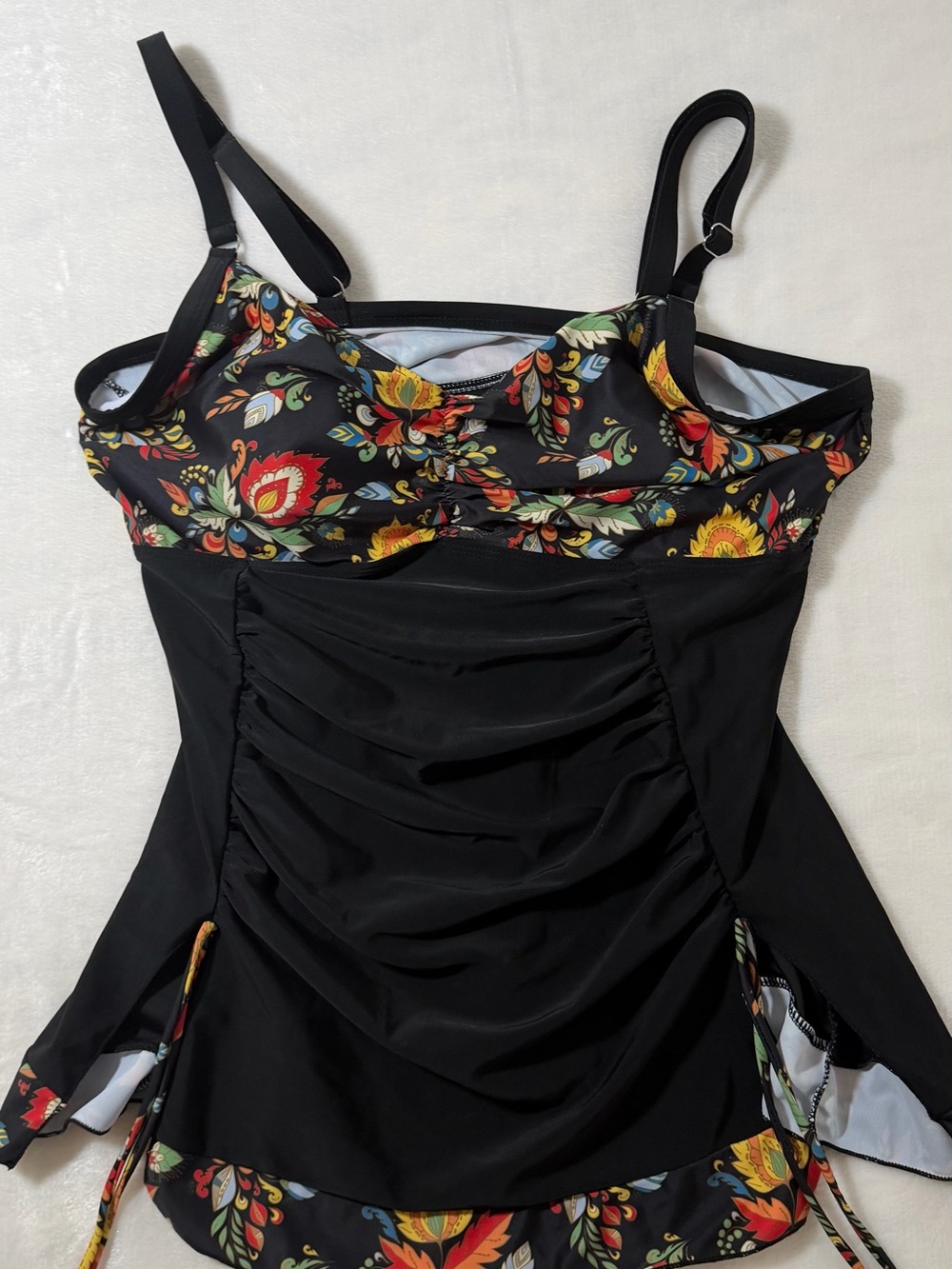 Boutique Black Folk Floral Ruched Drawstring Tankini Swim Top Size 2XL